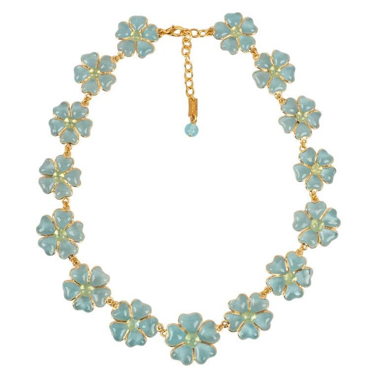 Augustine Light Blue Necklace in Gold Plated Metal and Glass Paste For Sale