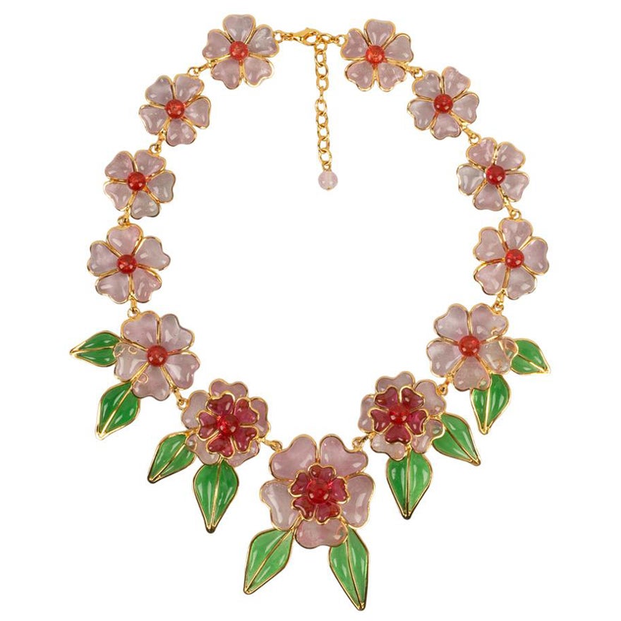 Augustine Necklace in Gold Metal and Glass Paste Flowers