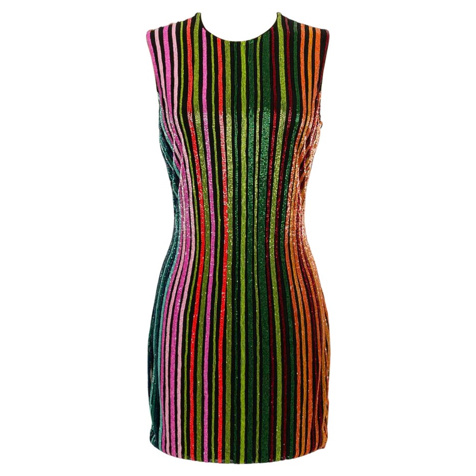 Balmain Short Sleeveless Dress Fully Sewn with Multicolored Beads