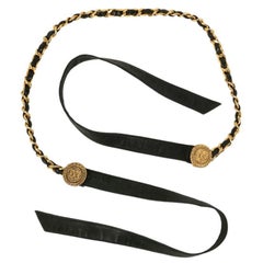 Chanel Black Leather and Gold Metal Belt, Size 75