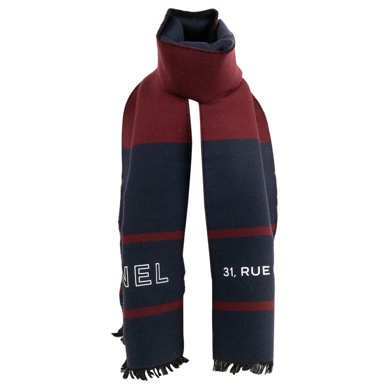 Amazing Vintage Burgundy Blue and White Cashmere Scarf by Chanel