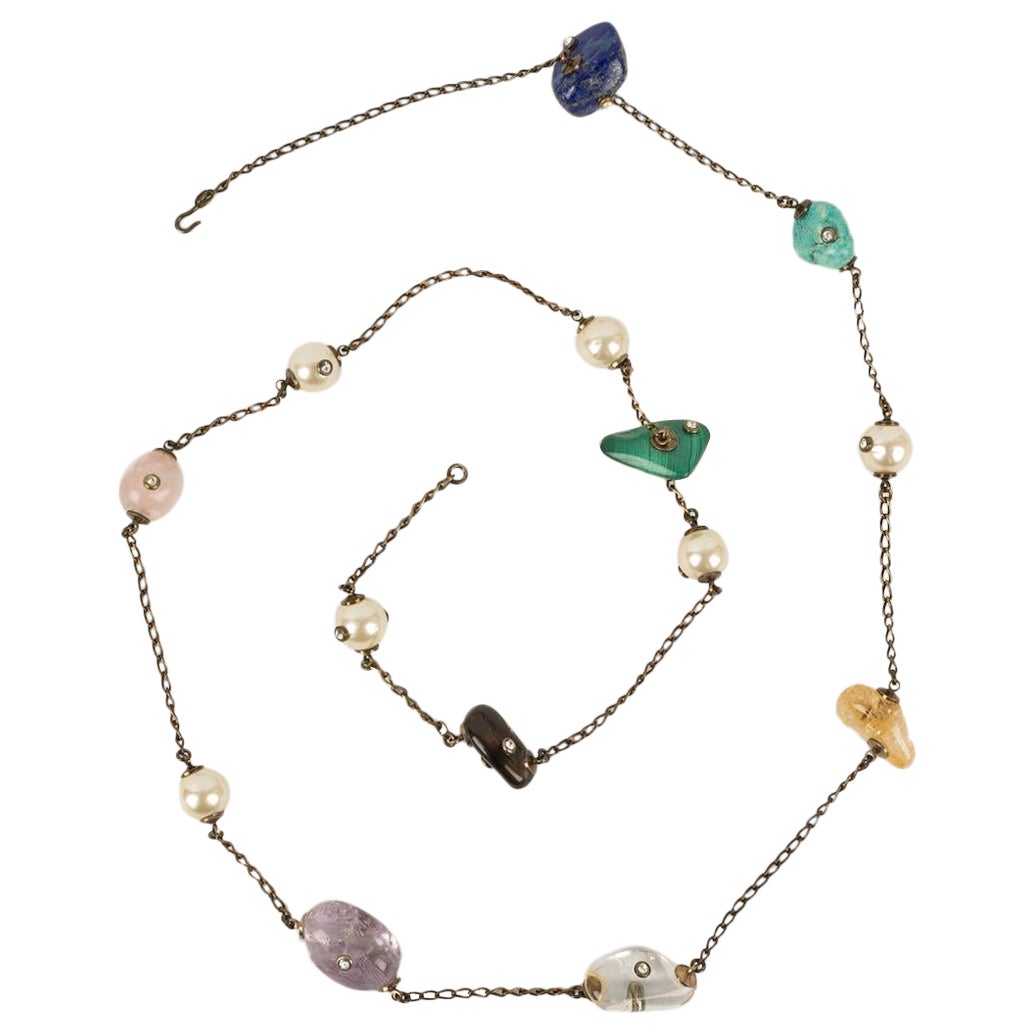 Chanel Collier de perles en métal cuivré et pierres dures en vente