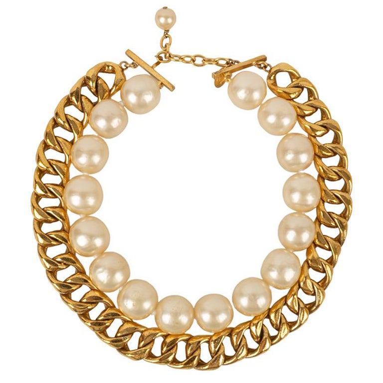 Chanel Necklace in Gold Metal Chain and Pearly Pearls For Sale