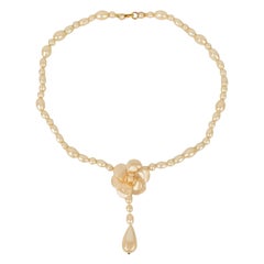 Vintage Chanel Long Camellia Necklace in Pearly Pearls