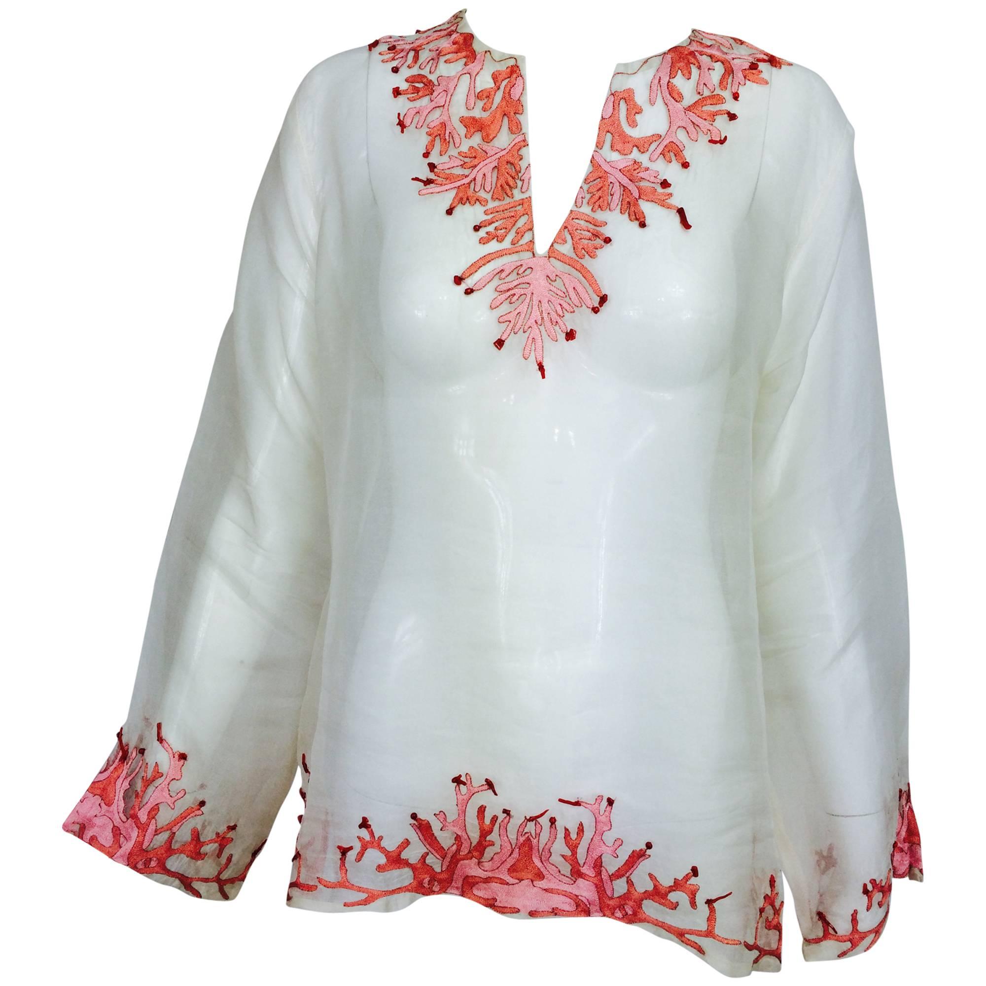Jeannie McQueeny white silk organza coral embroidered tunic top