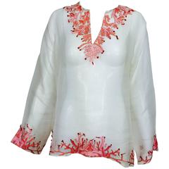 Jeannie McQueeny white silk organza coral embroidered tunic top