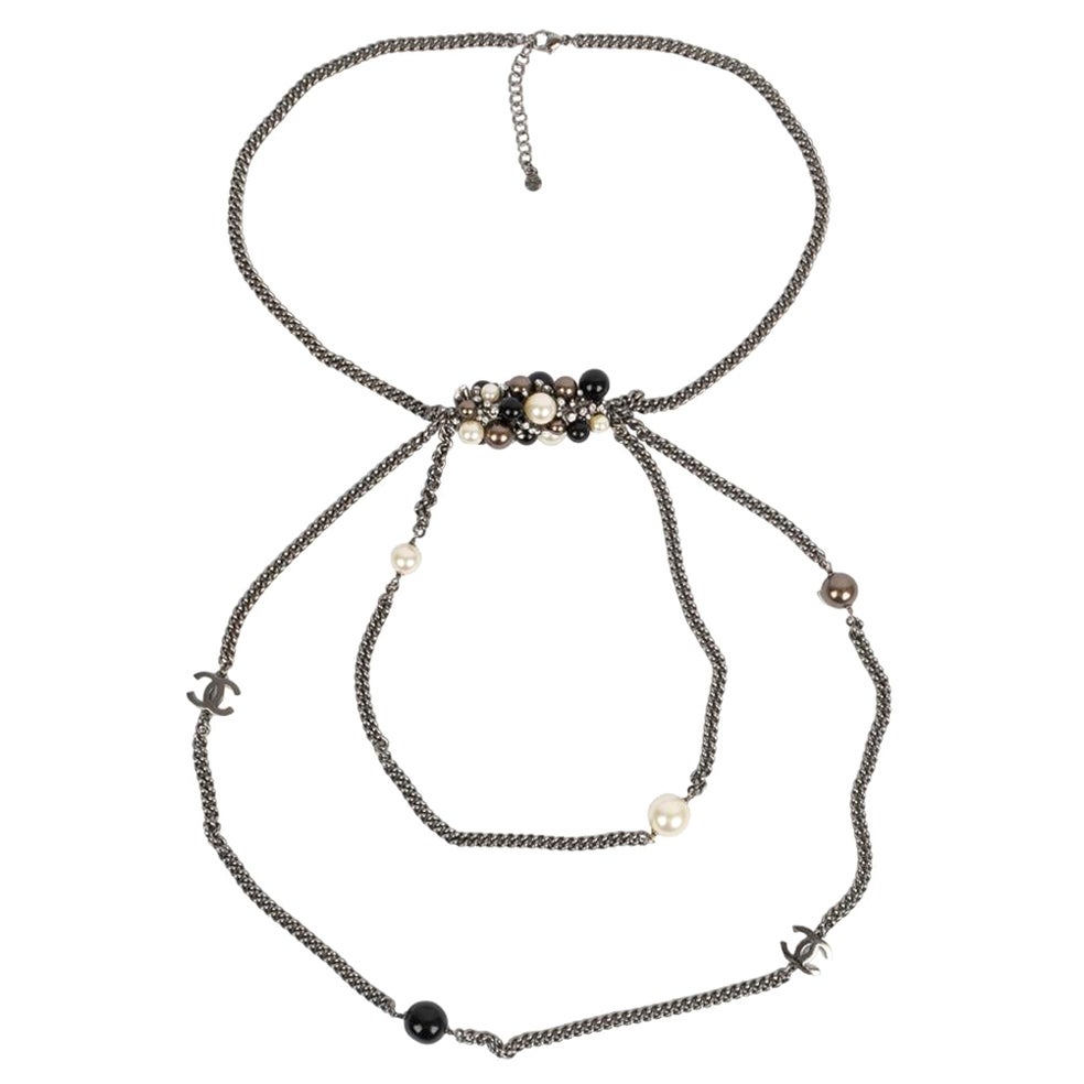 Chanel Silver Plated Metal Necklace in Resin Beads and Strass For Sale