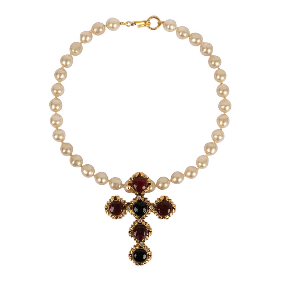 Chanel Pearl Necklace with Cross Pendant For Sale