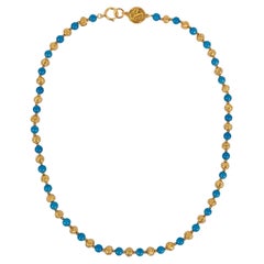 Vintage Chanel Necklace in Blue Glass and Gold Metal Beads