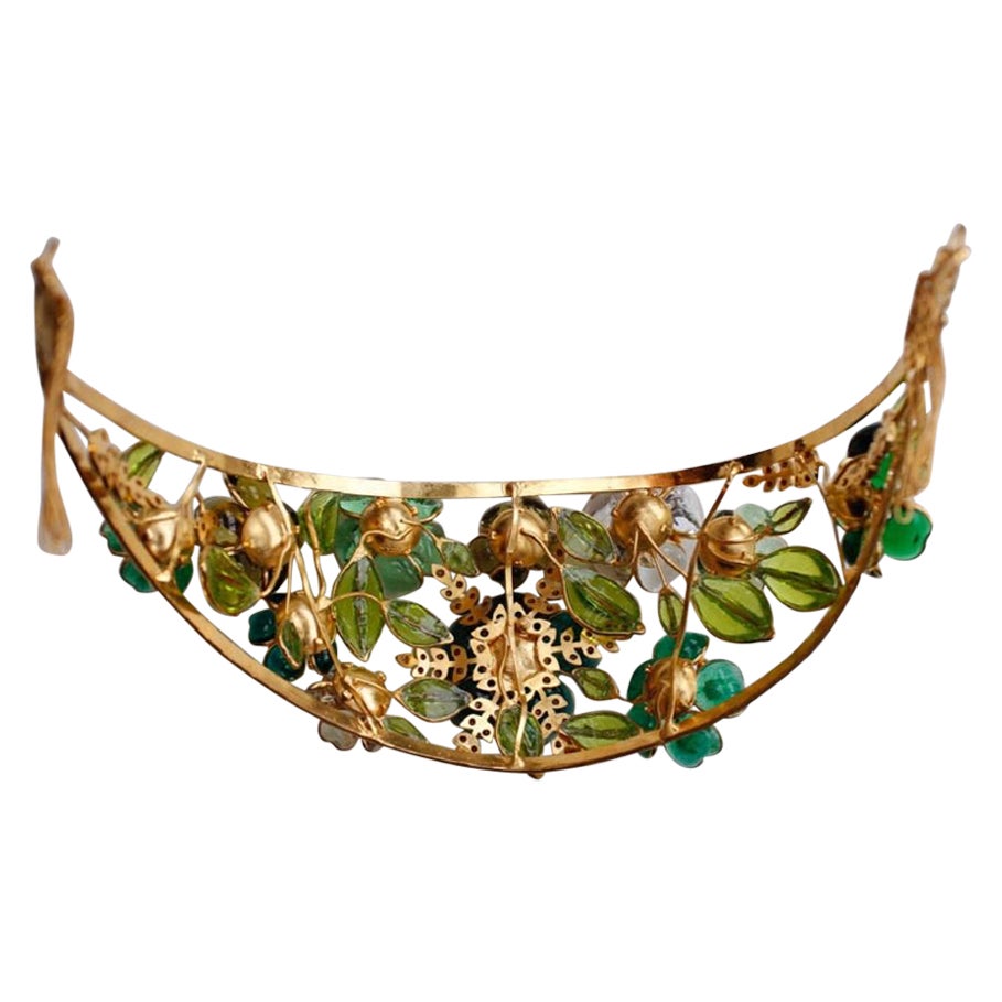 Augustine Tiara in Gilded Metal and Glass Paste For Sale