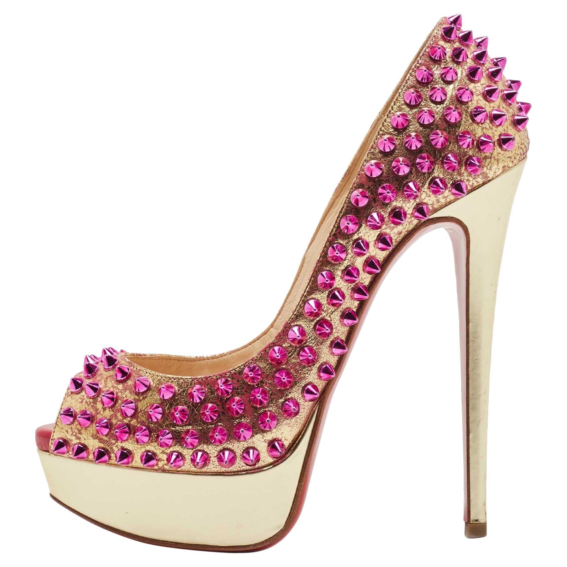 Christian Louboutin Metallic Gold/Pink Leather Lady Peep Toe Spike Size 36