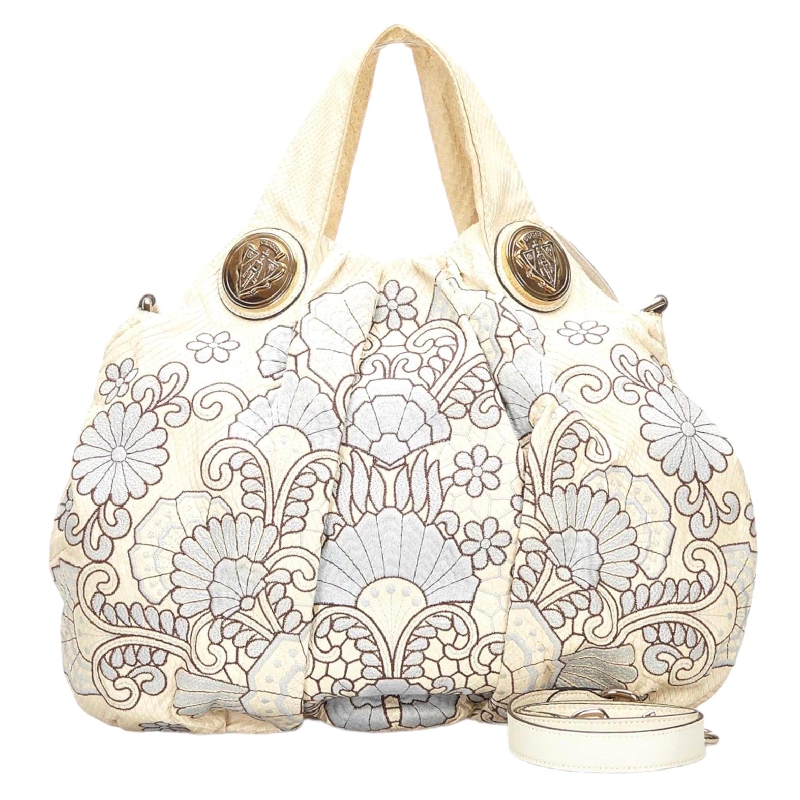 GUCCI Limited Edition Exotic Python Skin Embroidered Cream Hand Bag with Crest  For Sale