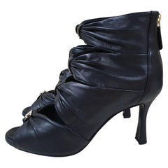 Chanel Black Leather Open Toe Bow CC Boots Booties Heels