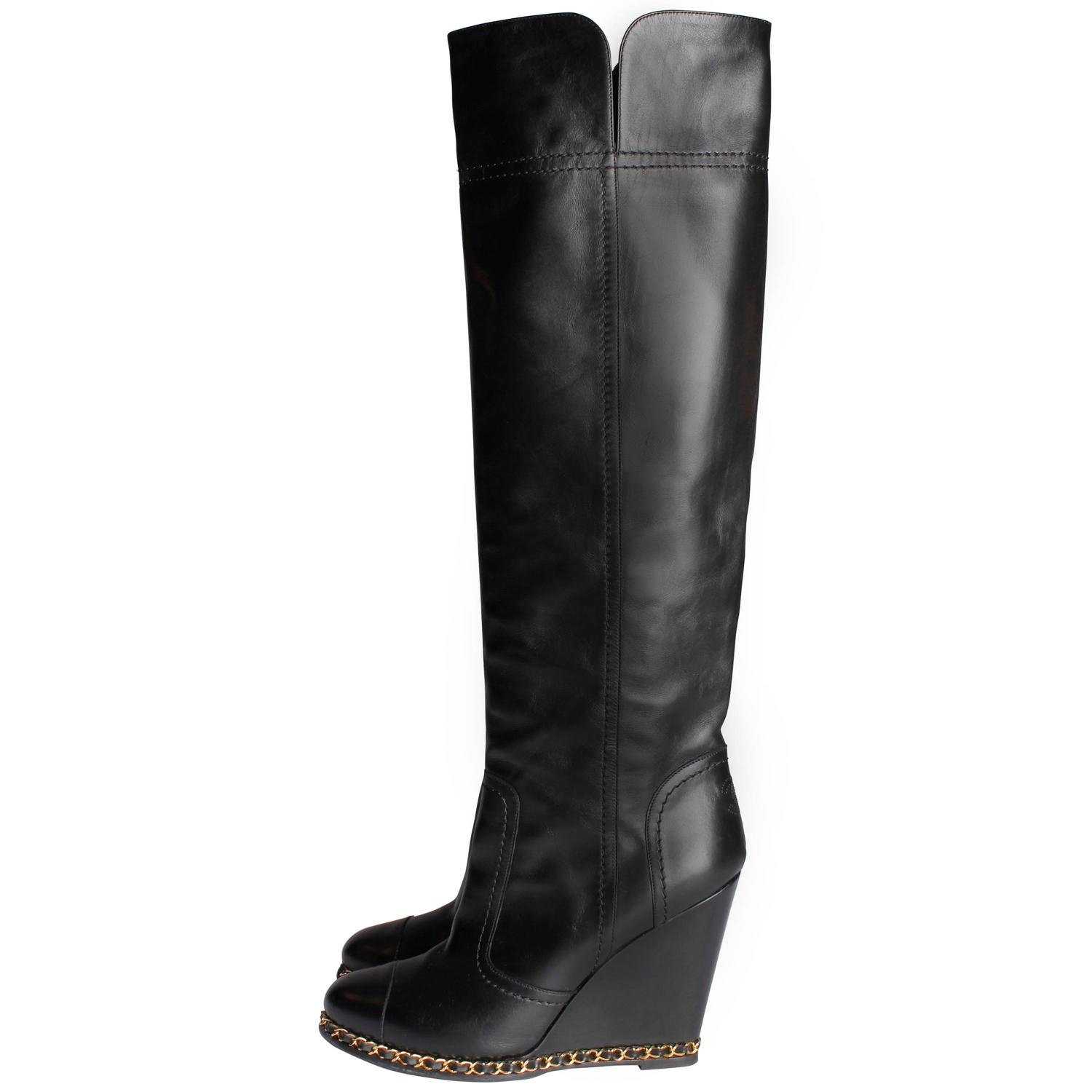 Chanel Chain Wedge Overknee Boots - black at 1stdibs