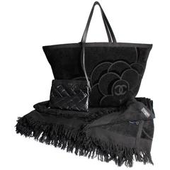 Chanel Camellia Terry Tote Towel Beach Bag - black