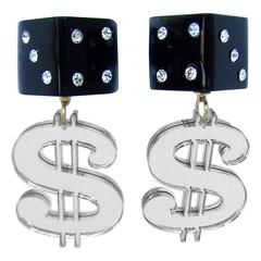 Vintage Whimsical 1980's Disco Dice & Dollar Clip On Earrings