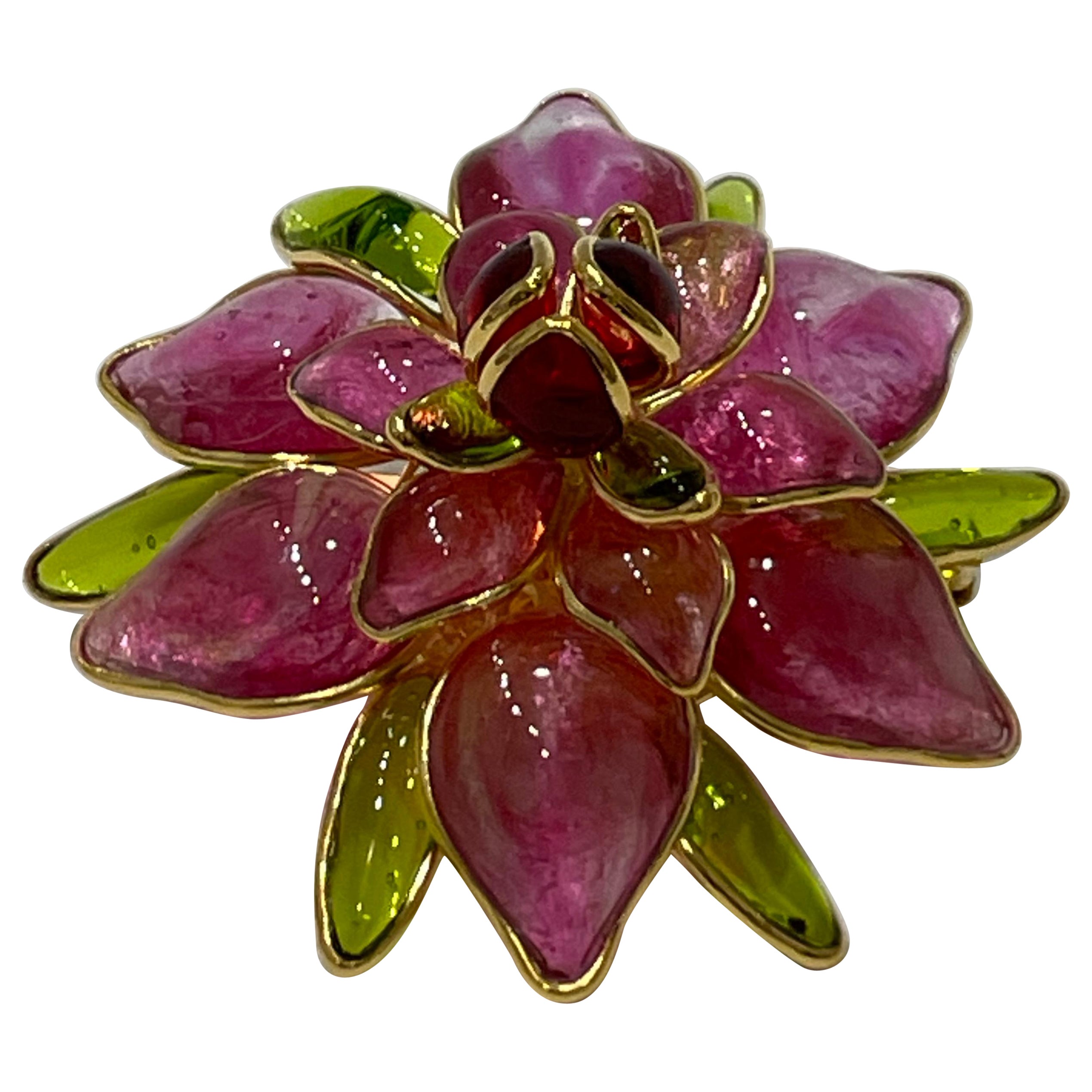 Exquisite Pate De Verre Pink and Green Brooch For Sale at 1stDibs