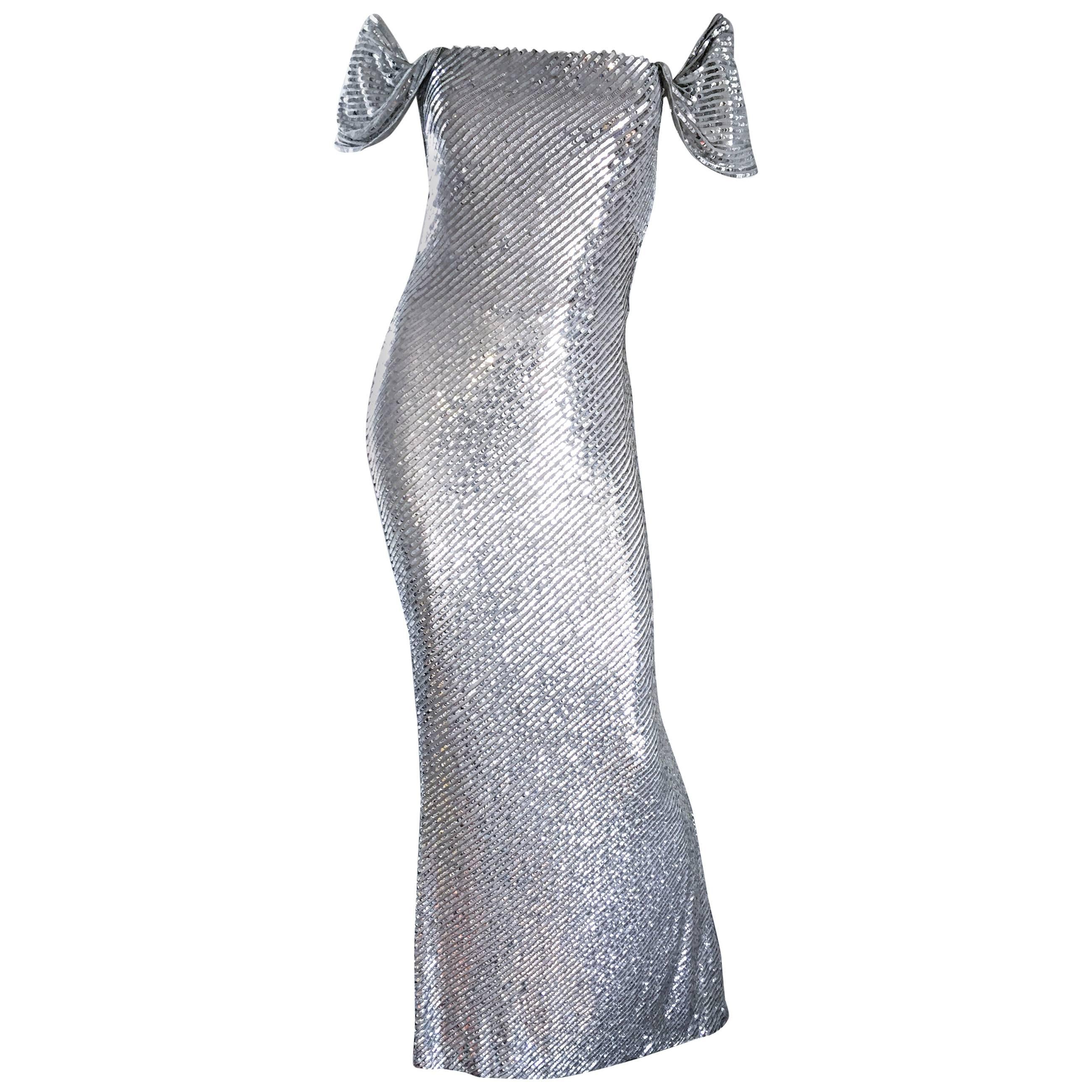 Bill Blass Couture Vintage Fully Sequined Silver Silk Grecian Gown 