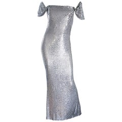 Bill Blass Couture Vintage Fully Sequined Silver Silk Grecian Gown