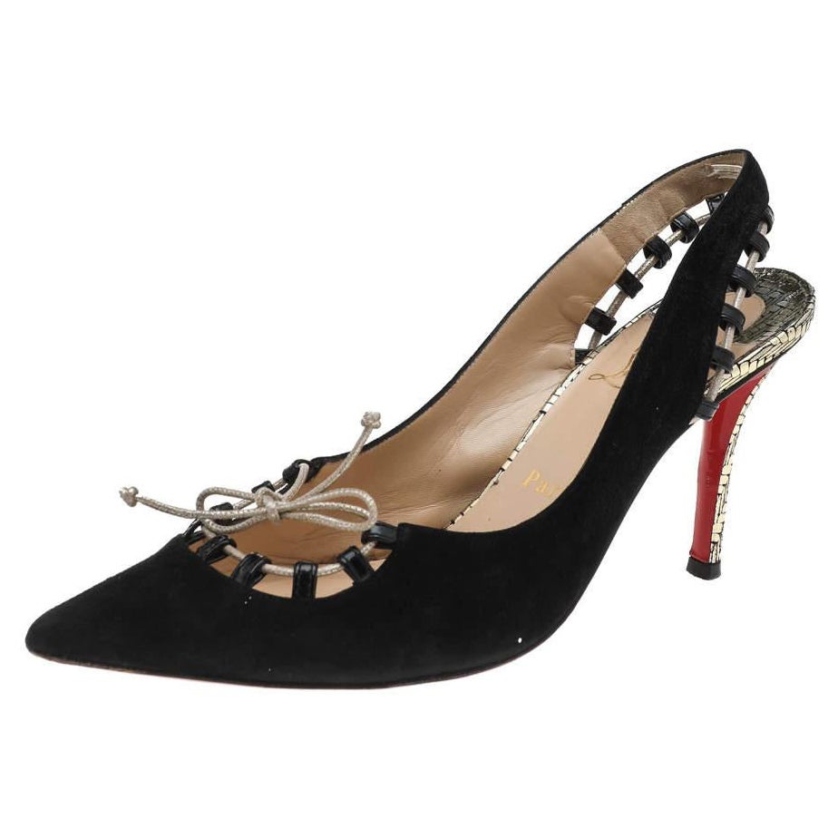 Christian Louboutin Black Suede Whipstitch Pointed Toe Slingback Sandals Size 38 For Sale