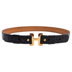 Ceinture Hermes à boucle H en crocodile noir et métal doré