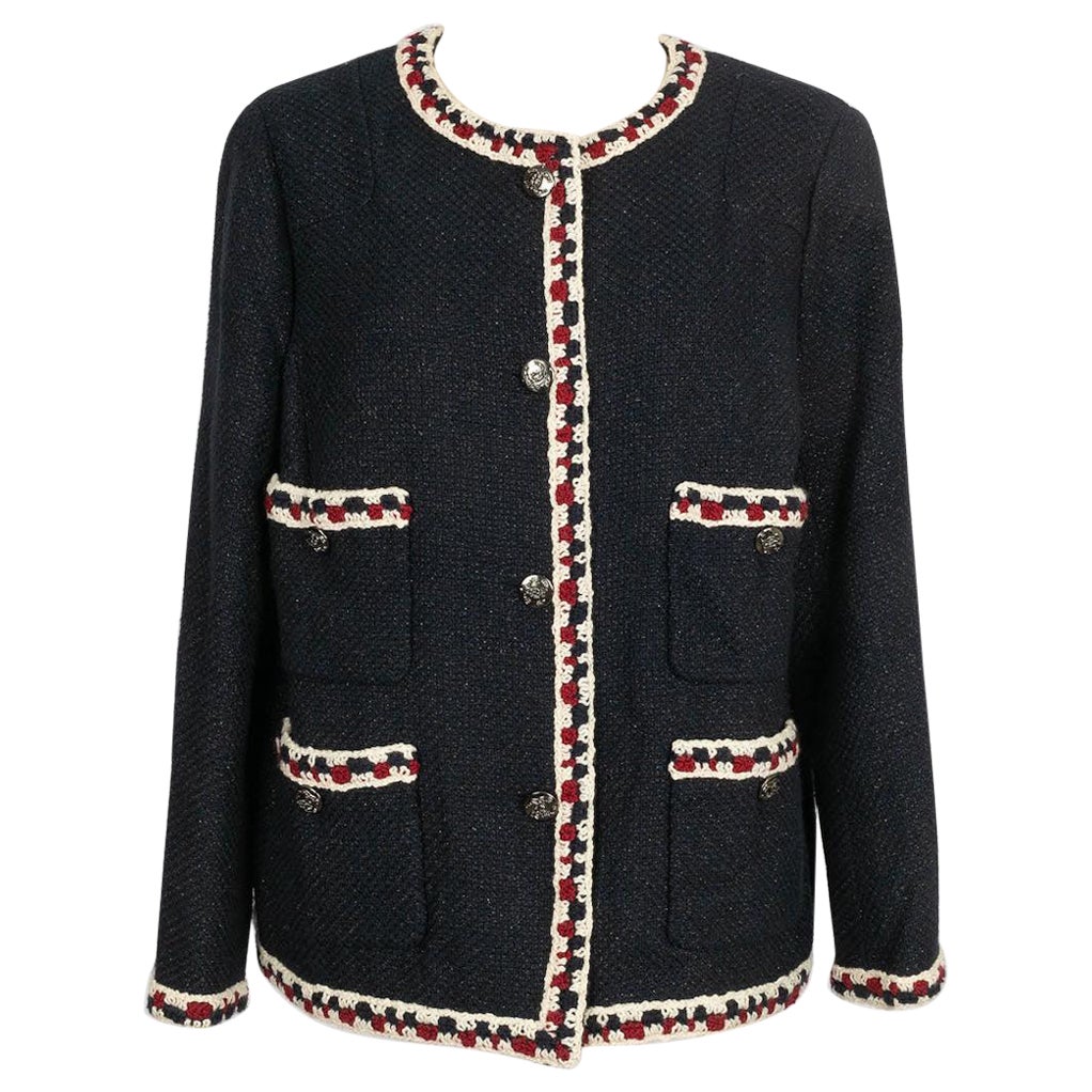 Chanel Dark Blue Tweed Jacket with Wool Trim For Sale