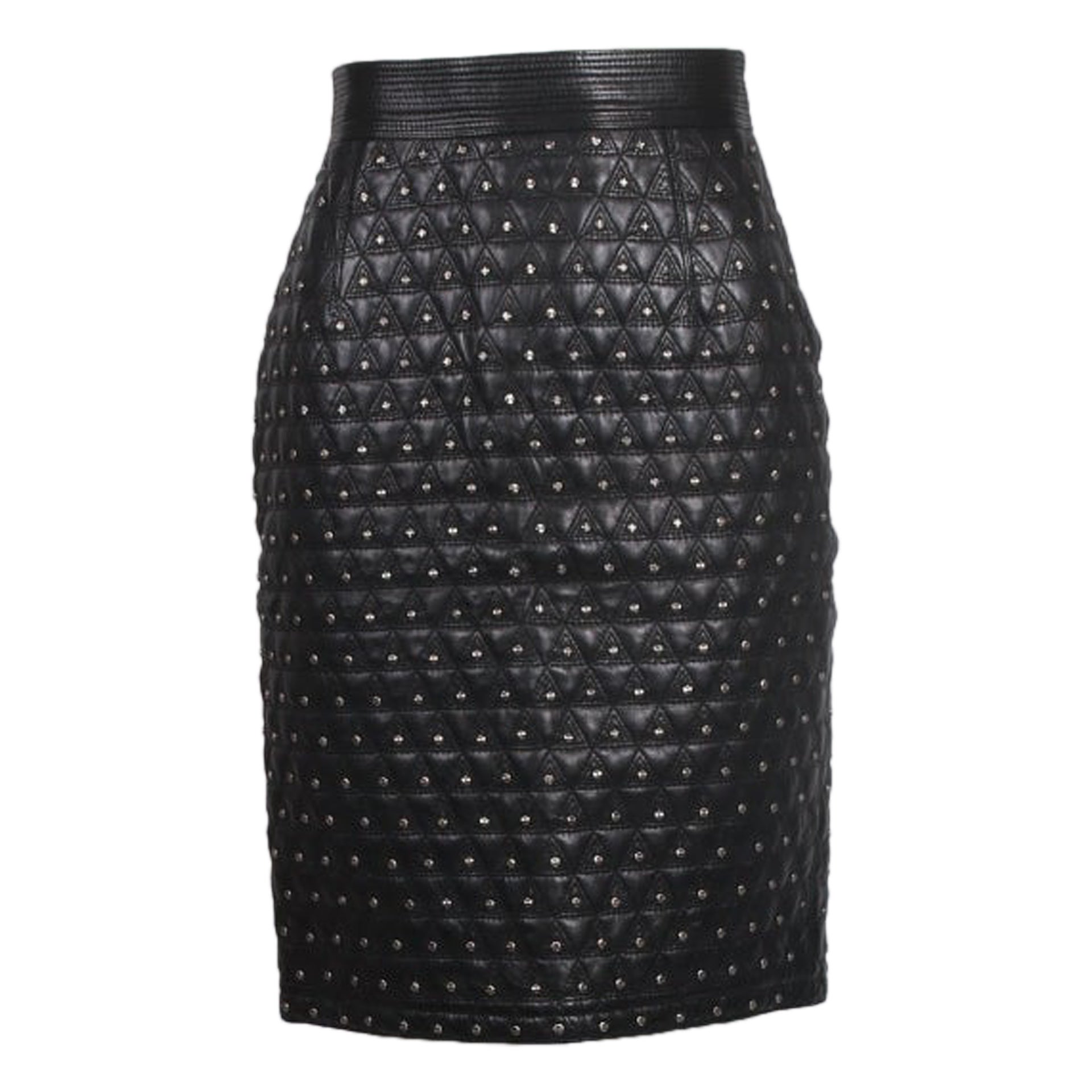 1989 F/W Gianni Versace Black Leather Quilted Skirt w/Silvertone Stud Motif For Sale