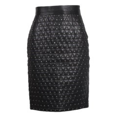 Retro 1989 F/W Gianni Versace Black Leather Quilted Skirt w/Silvertone Stud Motif