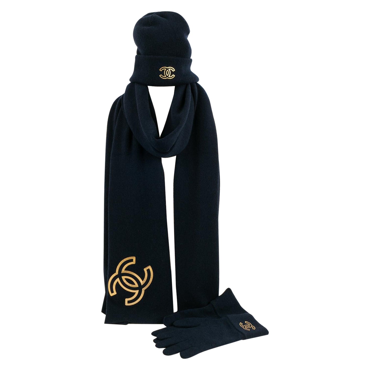 Chanel Cashmere Scarf, Pair of Gloves and Blue Hat Set