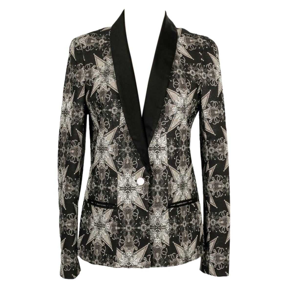 Chanel Jacket in Black and Silver Silk Brocade For Sale