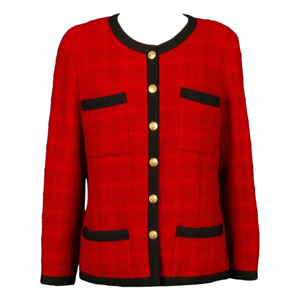 Chanel Red Tweed Jacket in Trimmed with Black Braid