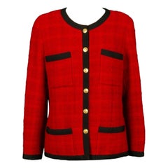 Chanel Red Tweed Jacket in Trimmed with Black Braid