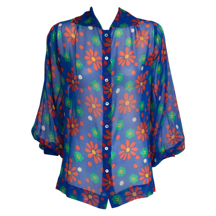 Yves Saint Laurent Runway Floral-Print Silk-Chiffon Shirt Blouse, SS1974 For Sale