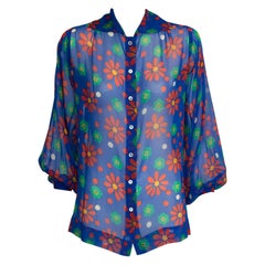 Retro Yves Saint Laurent Runway Floral-Print Silk-Chiffon Shirt Blouse, SS1974