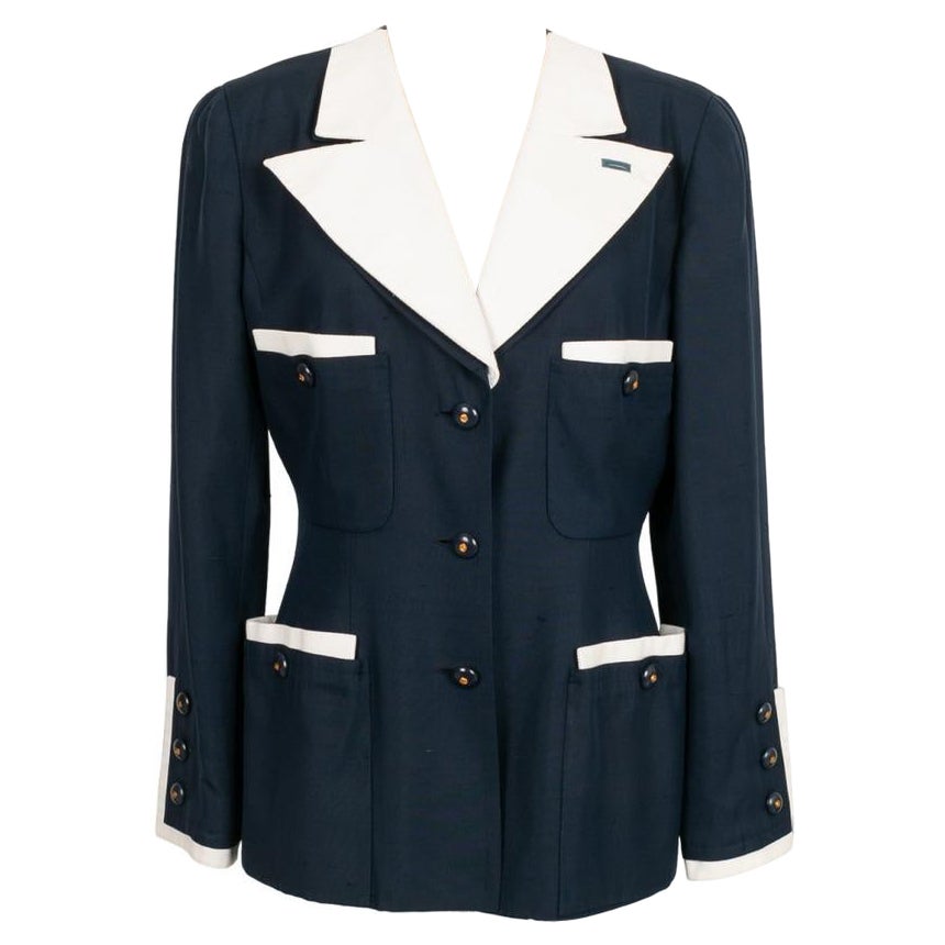 Chanel Blue and White Jacket in Wild Silk For Sale