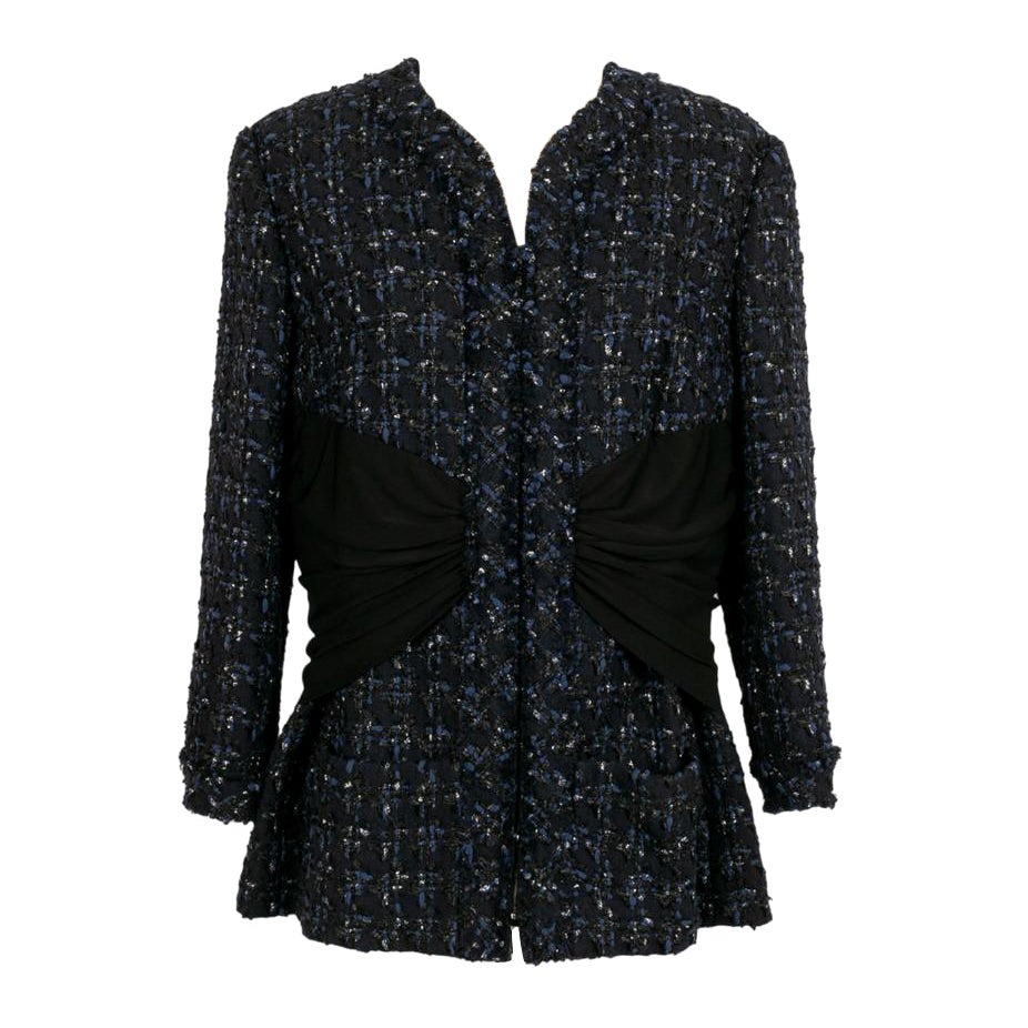 Chanel Dark Blue Tweed Jacket with Silk Lining For Sale