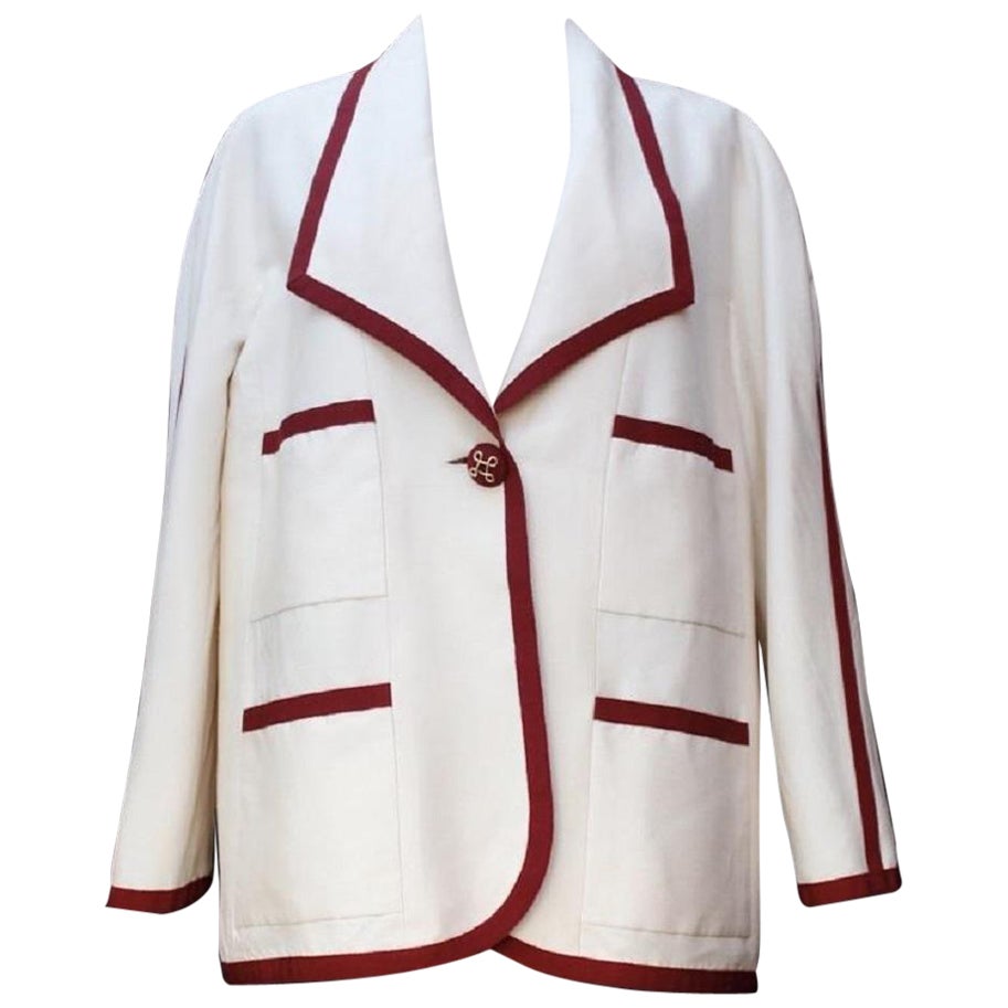 Chanel Boutique White Silk Jacket Trimmed with Burgundy Ribbon For Sale