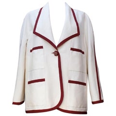 Chanel Boutique White Silk Jacket Trimmed with Burgundy Ribbon