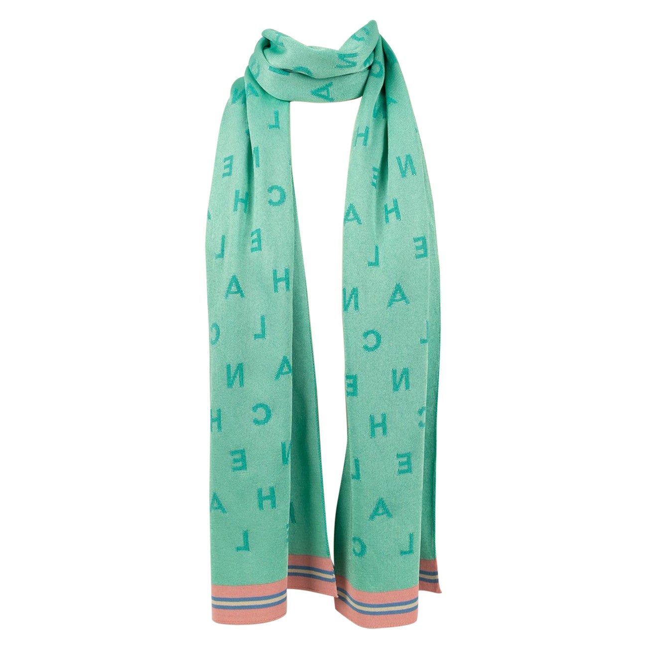 Chanel Green Knitted Scarf Bordered with Pink and Blue Stripes For Sale