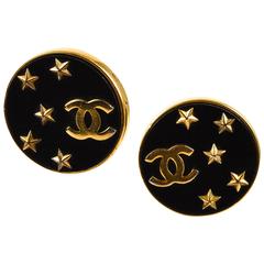 Vintage Chanel Black Star "CC" Round Button Clip-On Earrings 6