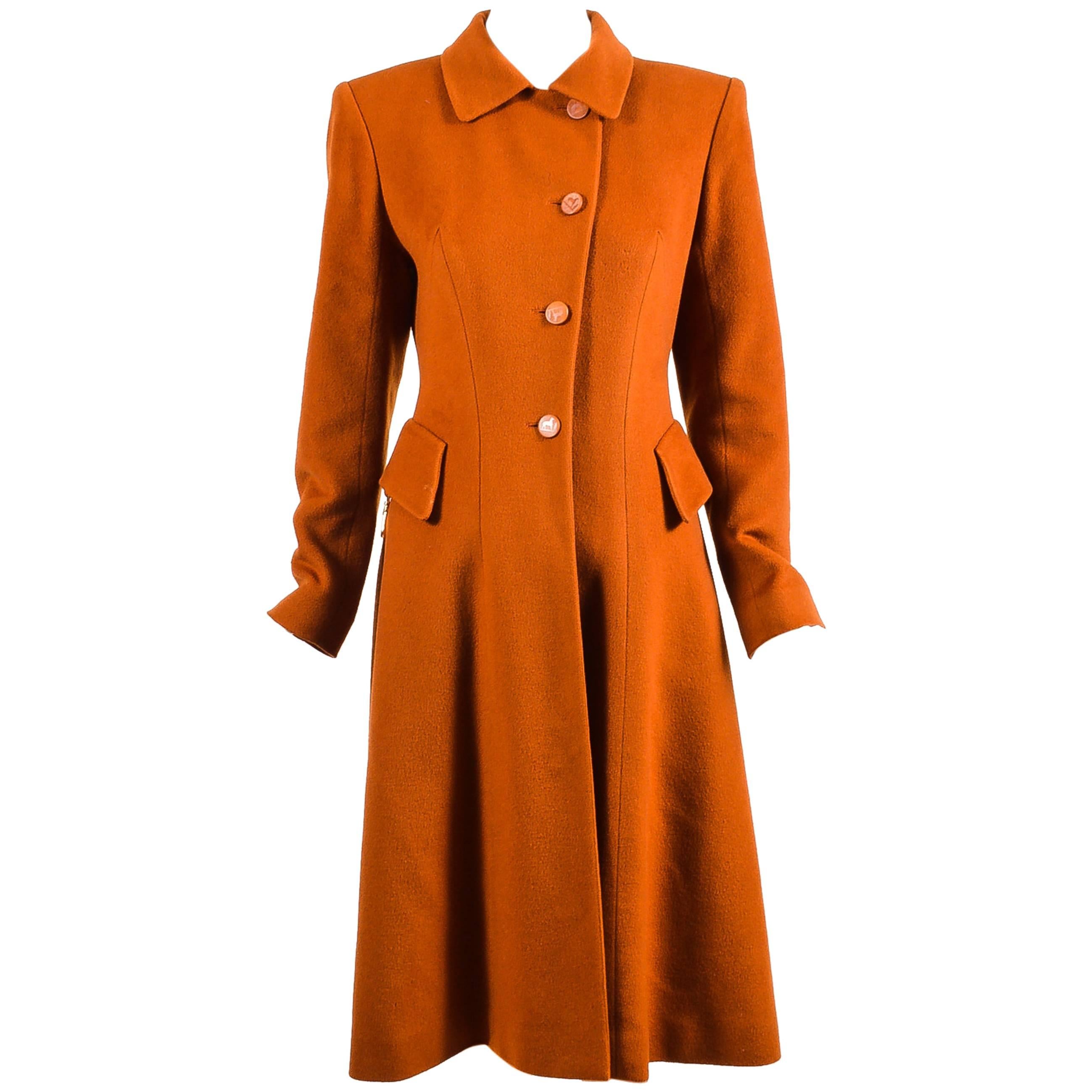 Vintage Hermes Burnt Orange Cashmere Flared Long Overcoat Size 36 For Sale