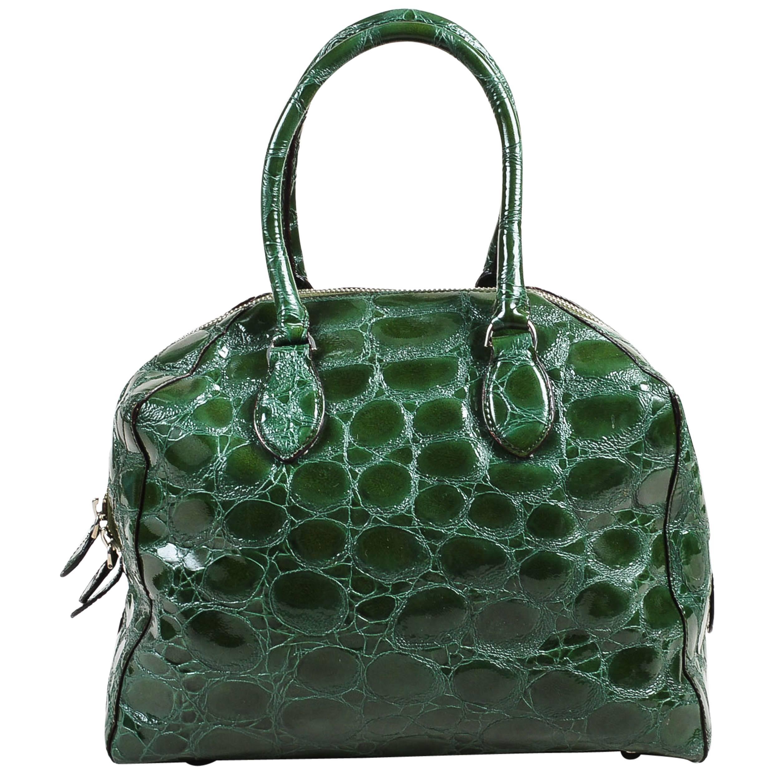Alaia Glossy Green Embossed Patent Leather Structured Double Handle Tote Bag For Sale