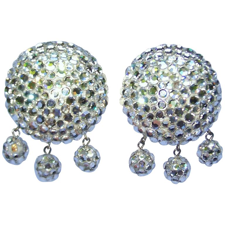 Glam 1980's James Arpad Disco Ball Pave Crystal Clip On Earrings at 1stDibs