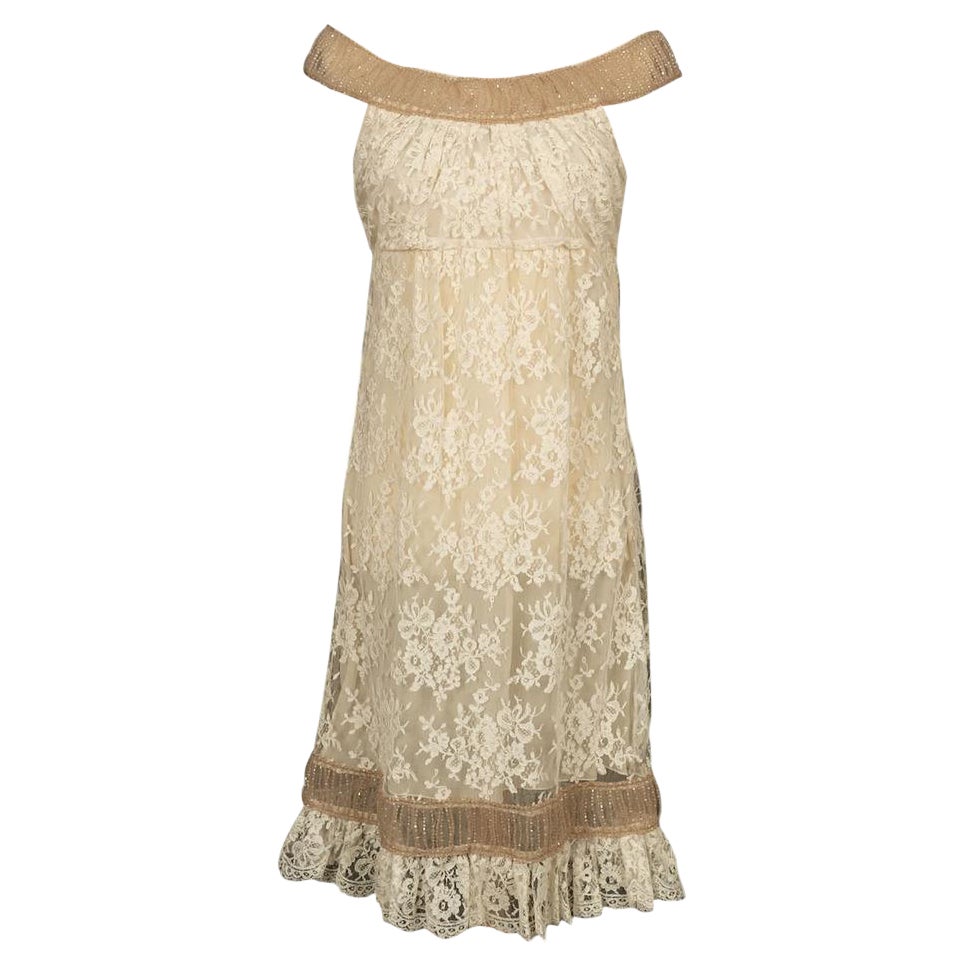 Valentino White Lace Dress with Beaded Collar and Bottom For Sale
