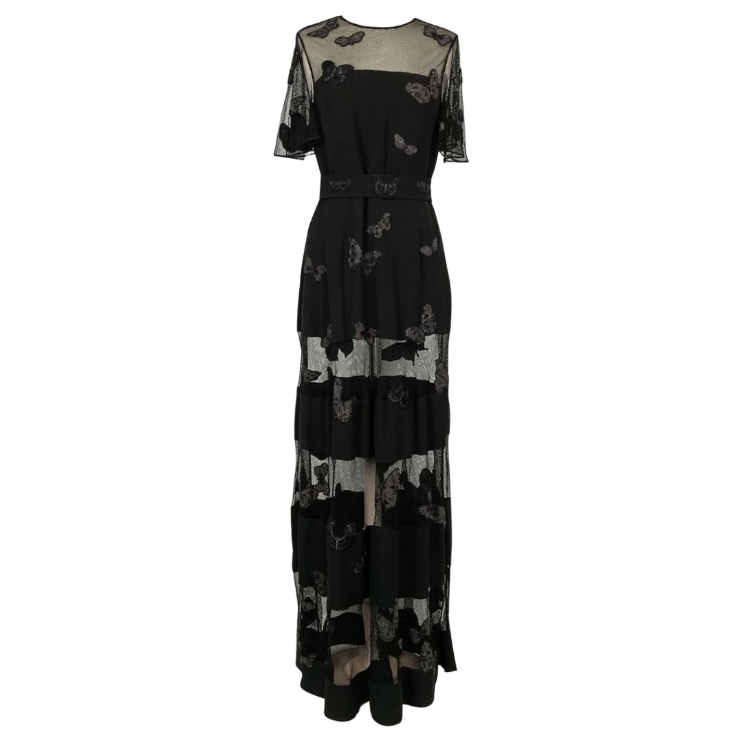Valentino Long Black Dress Partly Openwork and Embroidered with Butterflies