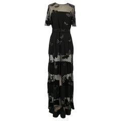 Valentino Long Black Dress Partly Openwork and Embroidered with Butterflies