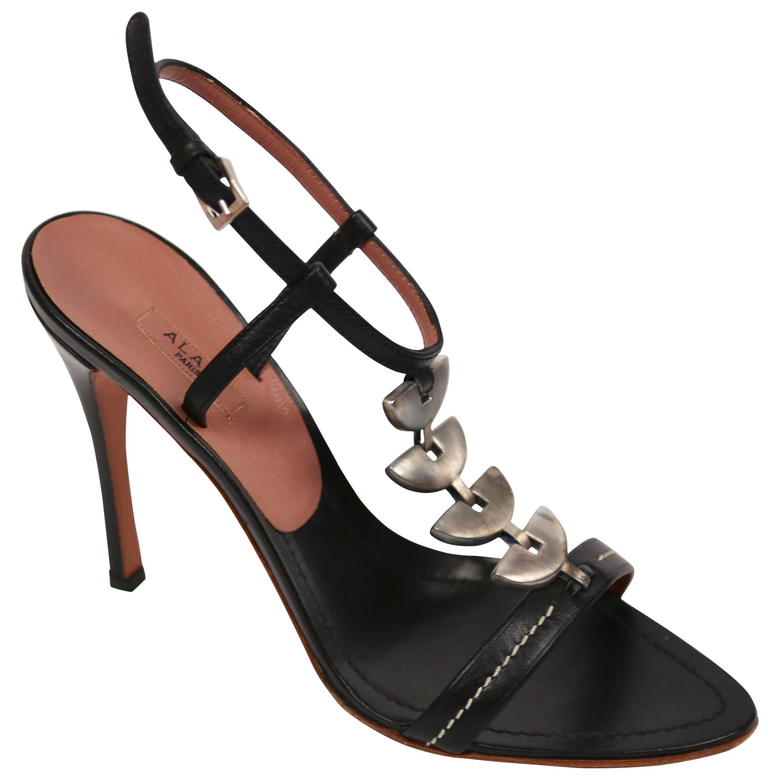 unworn AZZEDINE ALAIA black leather heels with silver hardware 37