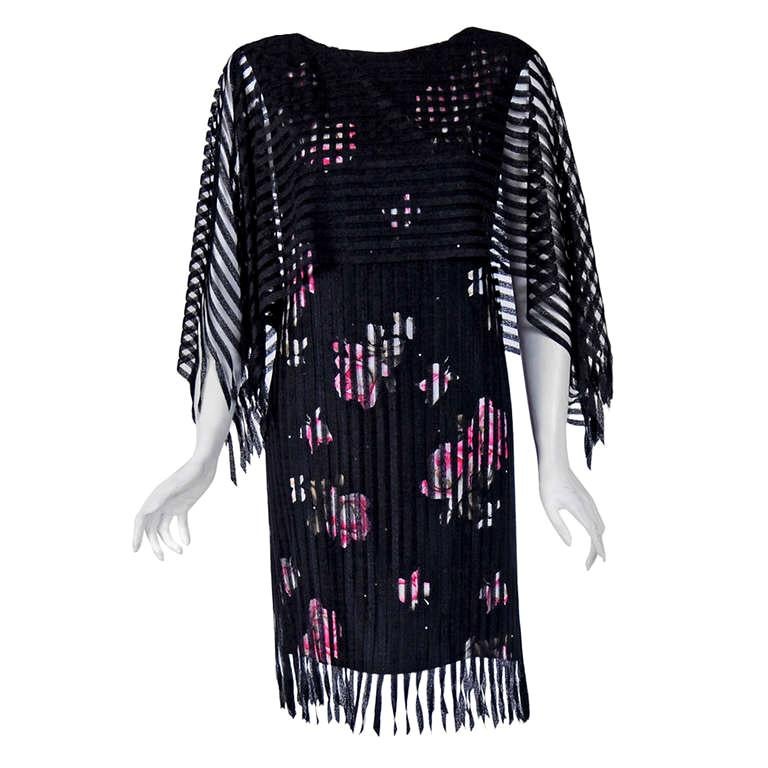 1975 Holly's Harp Fringed Black Pink Roses Floral Rayon Angel-Sleeve ...