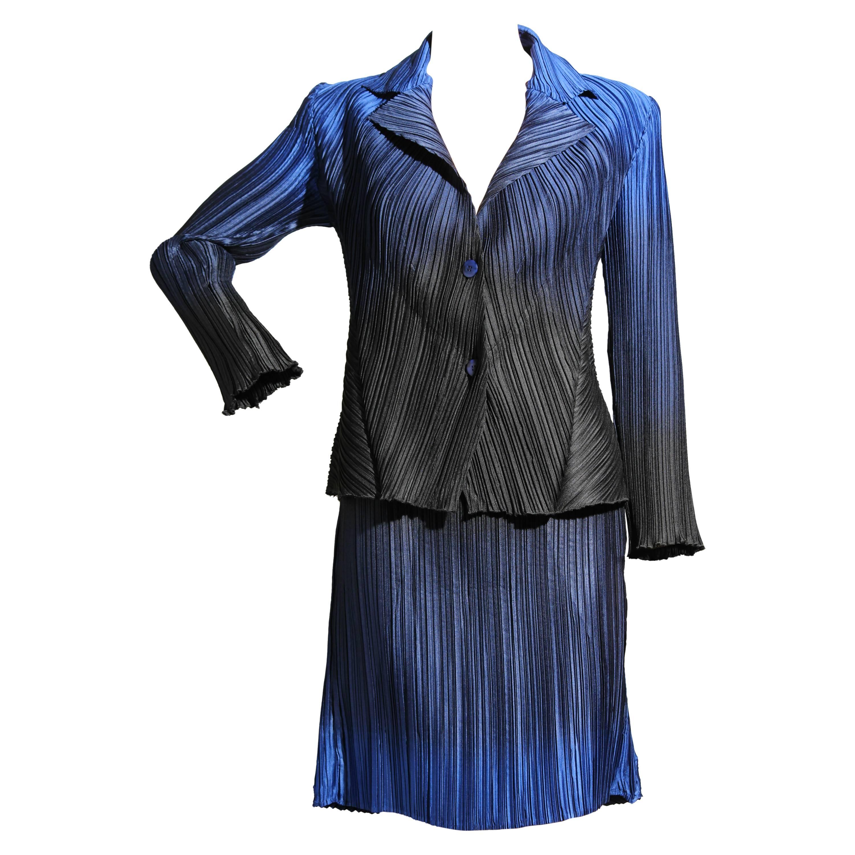 Issey Miyake Blue Ombre Micro Pleated Jacket and Skirt Suit Ensemble Japan Sz 2 