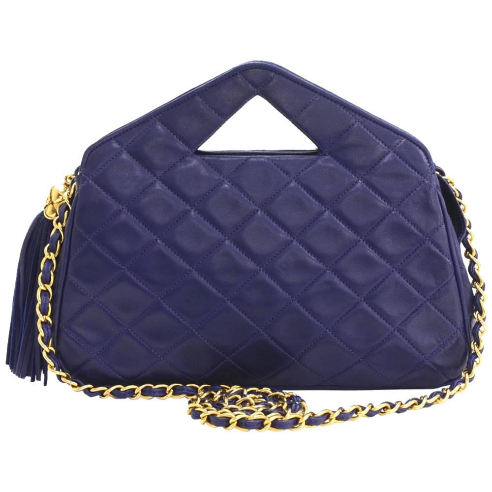 Vintage Chanel Navy Blue Quilted Leather Fringe Shoulder Bag